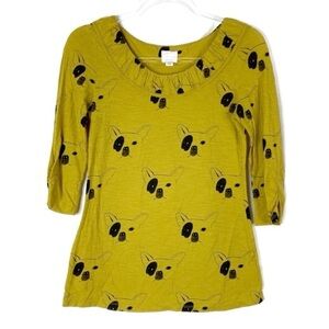 Anthropologie Postmark Mustard Yellow French Bulldog 3/4 Sleeve Shirt Womens XS